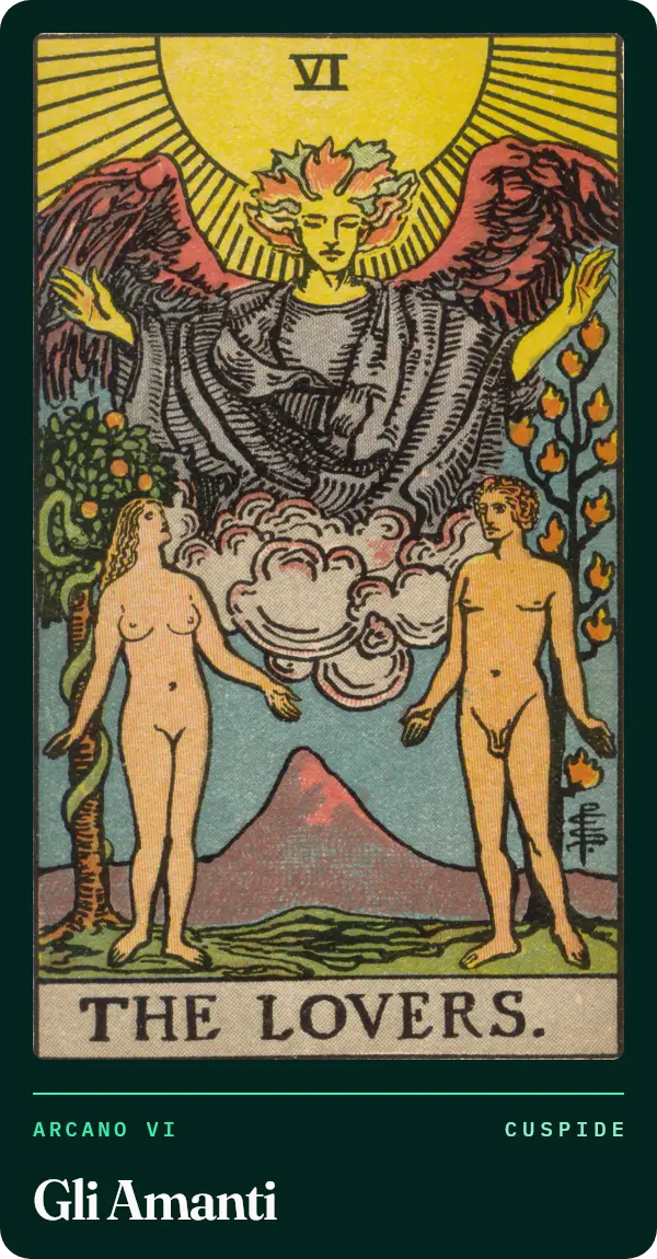 Gli Amanti, carta dei tarocchi illustrata nel 1909 da Pamela Colman Smith. Due figure senza vestiti, una di fronte all'altra in un giardino, sotto un angelo con le ali aperte davanti a un grande sole; dietro di loro un albero con un serpente e un albero di fiamme.