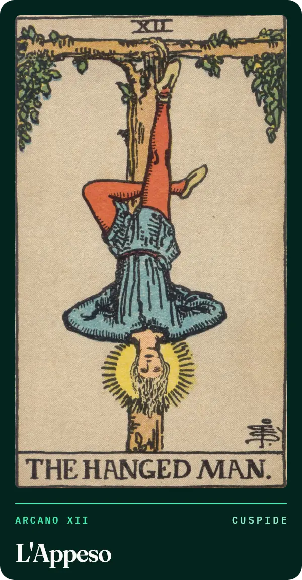 L'Appeso, carta dei tarocchi illustrata nel 1909 da Pamela Colman Smith. Una figura pende a testa in giù, legata per un piede a una trave di legno vivo, con una gamba piegata, le mani dietro la schiena e un'aureola intorno alla testa.