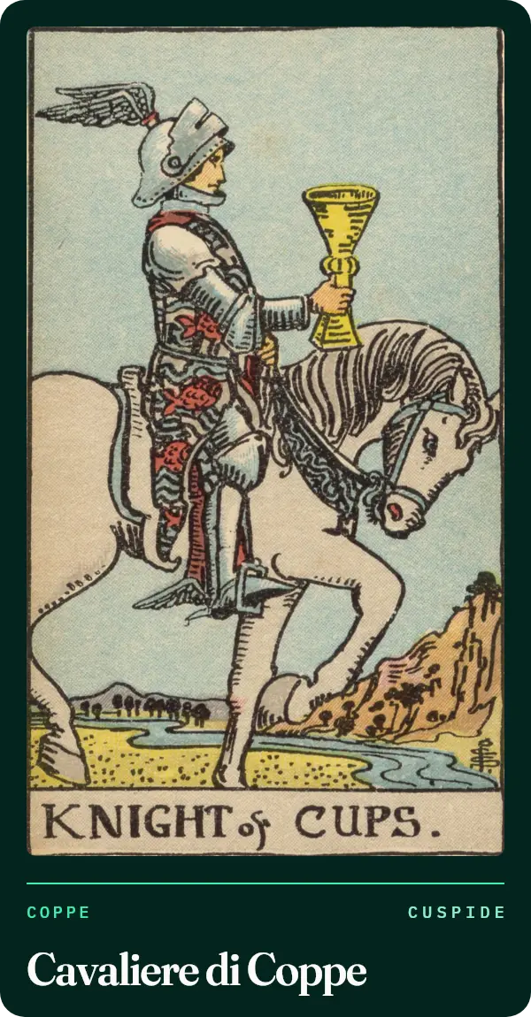 Cavaliere di Coppe, carta dei tarocchi illustrata nel 1909 da Pamela Colman Smith. Un cavaliere con le ali sull'elmo avanza al passo su un cavallo bianco tenendo una coppa davanti a sé, lungo un fiume tra colline.