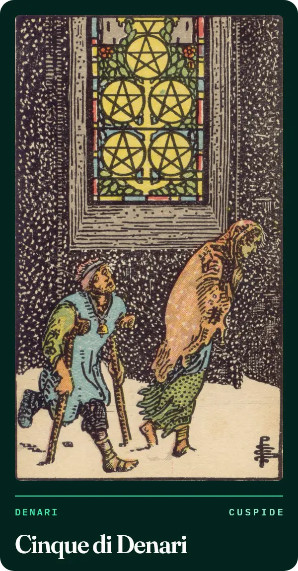 Cinque di Denari, carta dei tarocchi illustrata nel 1909 da Pamela Colman Smith. Due figure con vestiti logori camminano nella neve di notte, una con le stampelle; alle loro spalle una vetrata accesa con cinque monete.