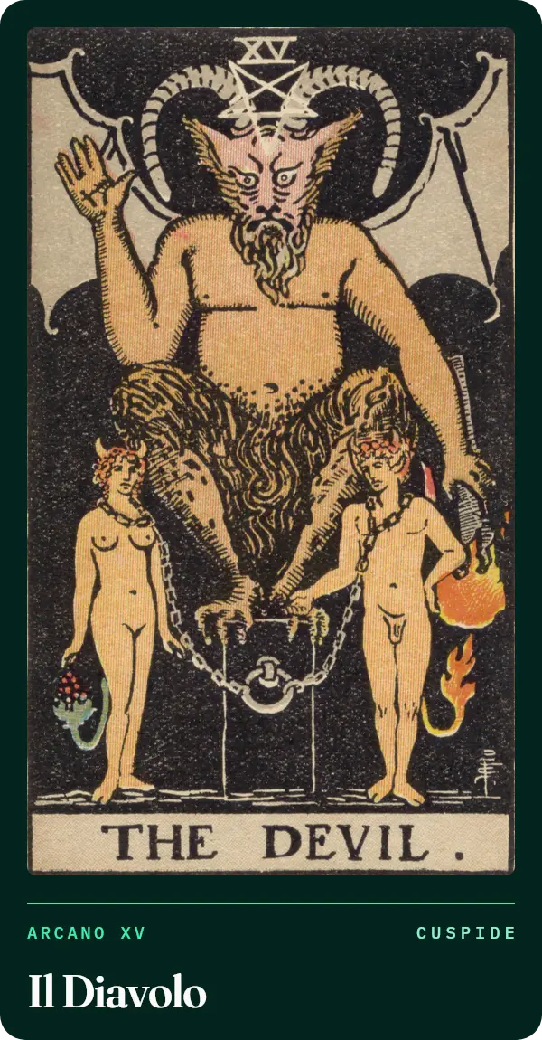 Il Diavolo, carta dei tarocchi illustrata nel 1909 da Pamela Colman Smith. Una figura con corna e ali di pipistrello siede su un piedistallo scuro; davanti, due figure con piccole corna sono legate da catene larghe.