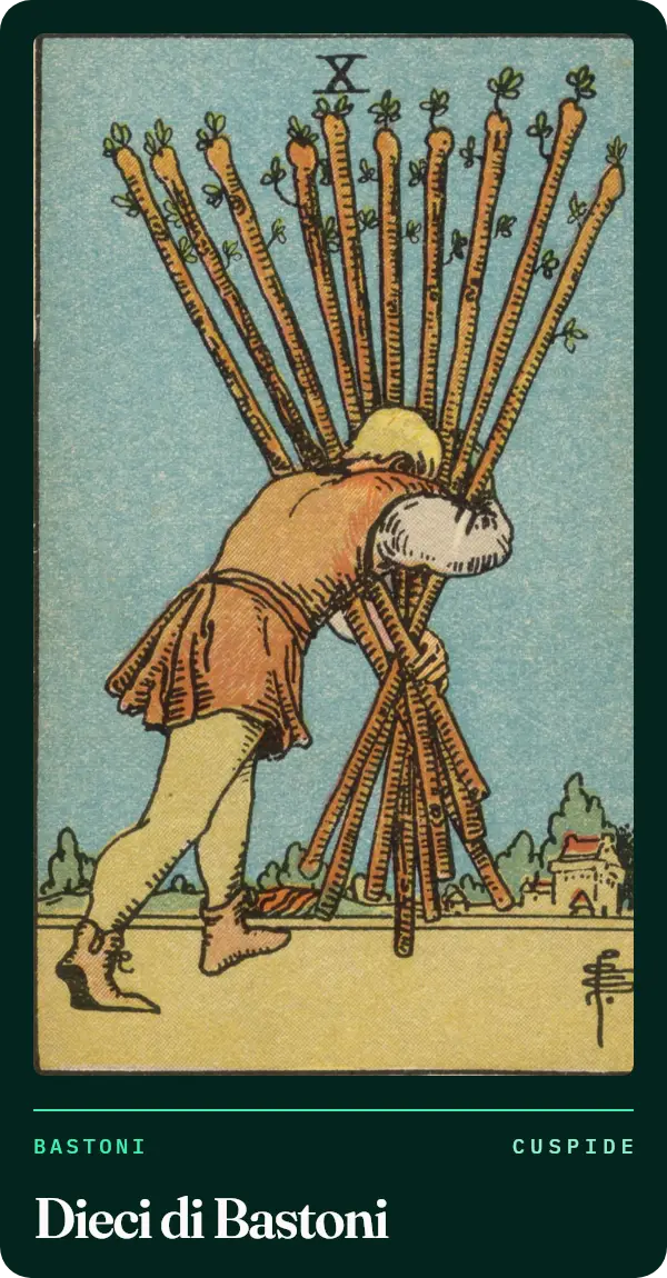 Dieci di Bastoni, carta dei tarocchi illustrata nel 1909 da Pamela Colman Smith. Una figura cammina piegata sotto il peso di dieci bastoni stretti tra le braccia, verso un villaggio poco lontano.