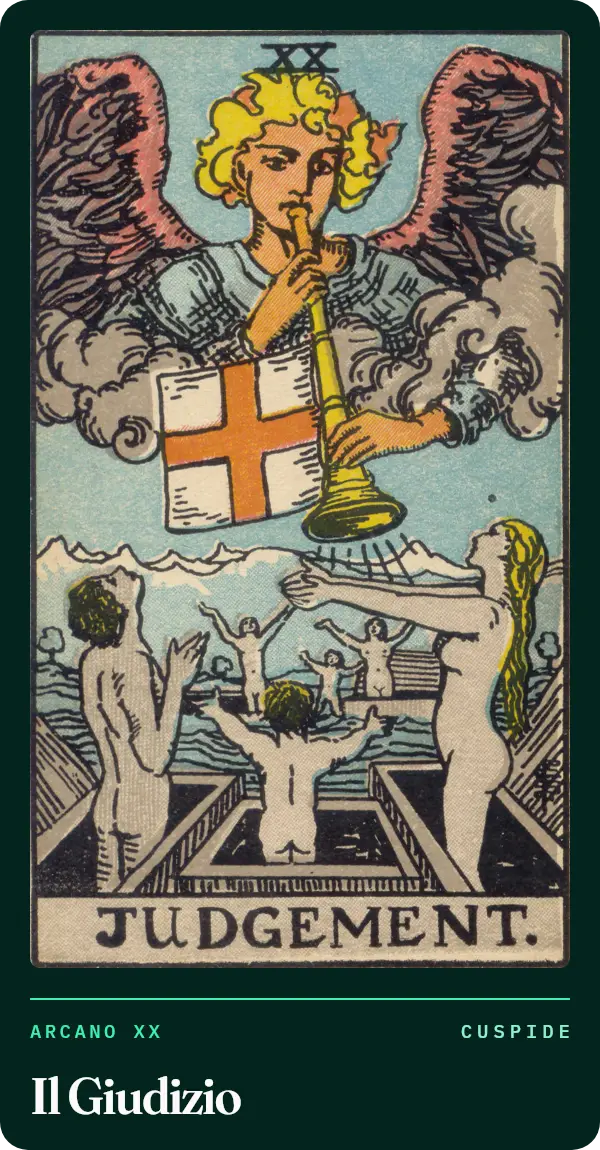 Il Giudizio, carta dei tarocchi illustrata nel 1909 da Pamela Colman Smith. Un angelo tra le nuvole suona una tromba con uno stendardo a croce; sotto, figure di ogni età si alzano da casse aperte sull'acqua con le braccia verso il cielo.