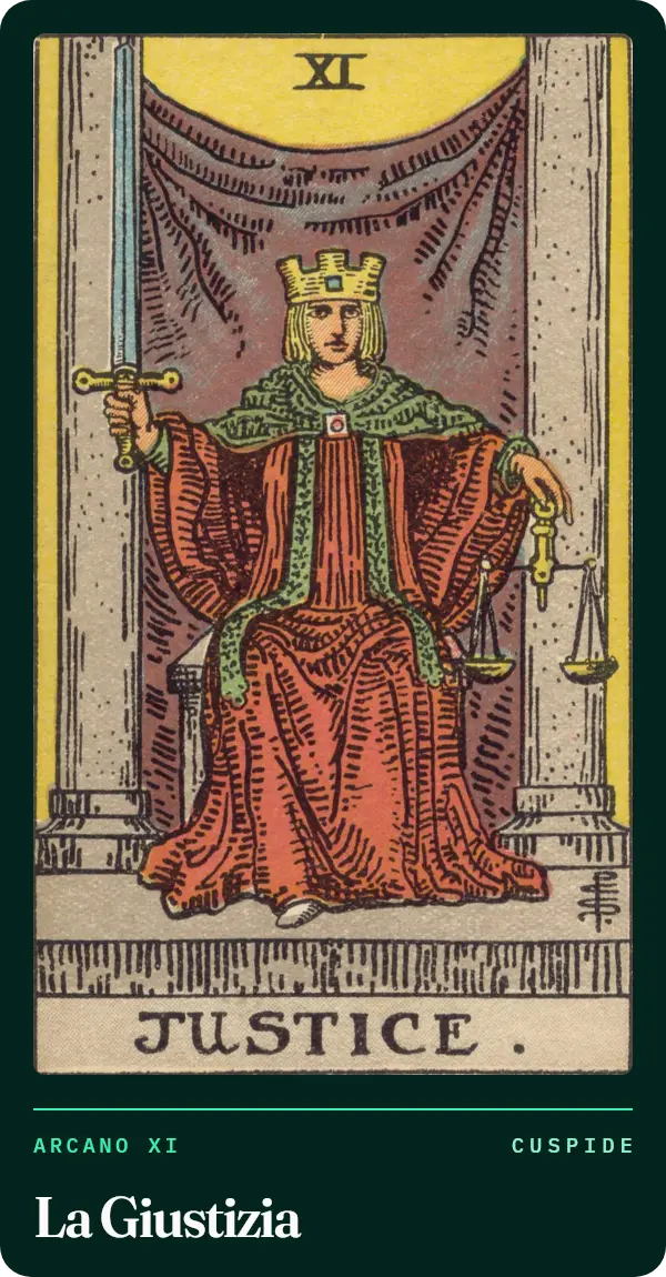 La Giustizia, carta dei tarocchi illustrata nel 1909 da Pamela Colman Smith. Una figura con la corona e il mantello rosso siede tra due colonne, con una spada alzata nella mano destra e una bilancia nella sinistra.