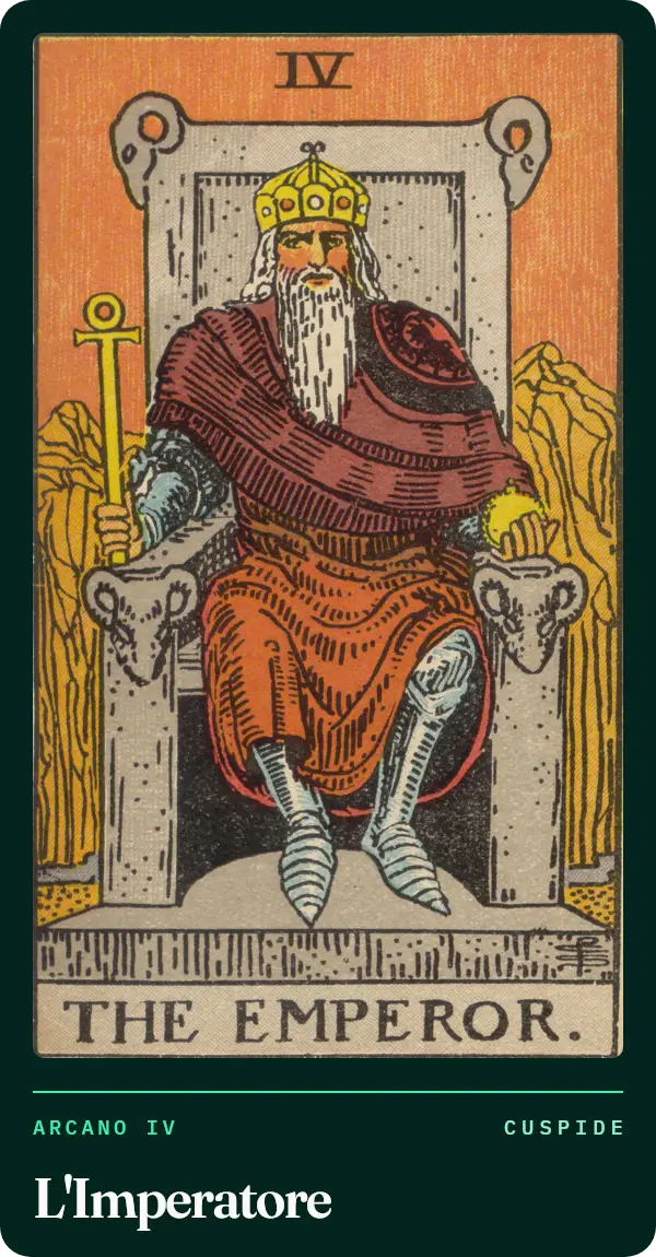 L'Imperatore, carta dei tarocchi illustrata nel 1909 da Pamela Colman Smith. Una figura con la barba bianca siede su un trono di pietra con teste di ariete, con mantello rosso sopra l'armatura, scettro e globo, davanti a montagne spoglie.