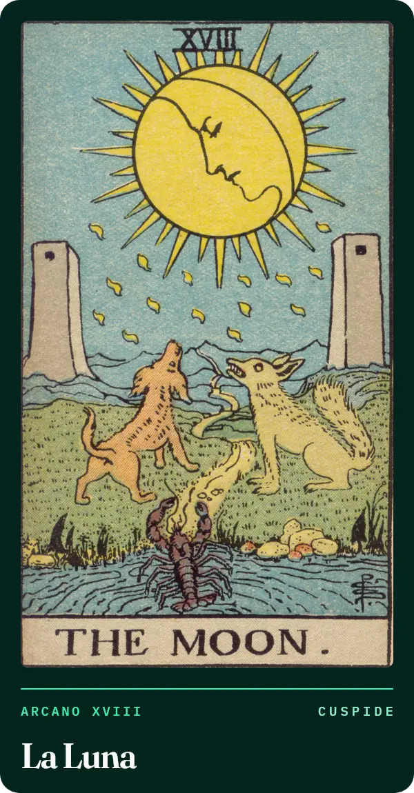La Luna, carta dei tarocchi illustrata nel 1909 da Pamela Colman Smith. Una grande luna con un volto tra due torri; sotto, un cane e un lupo alzano il muso, un gambero esce da uno stagno e un sentiero sale verso le montagne.