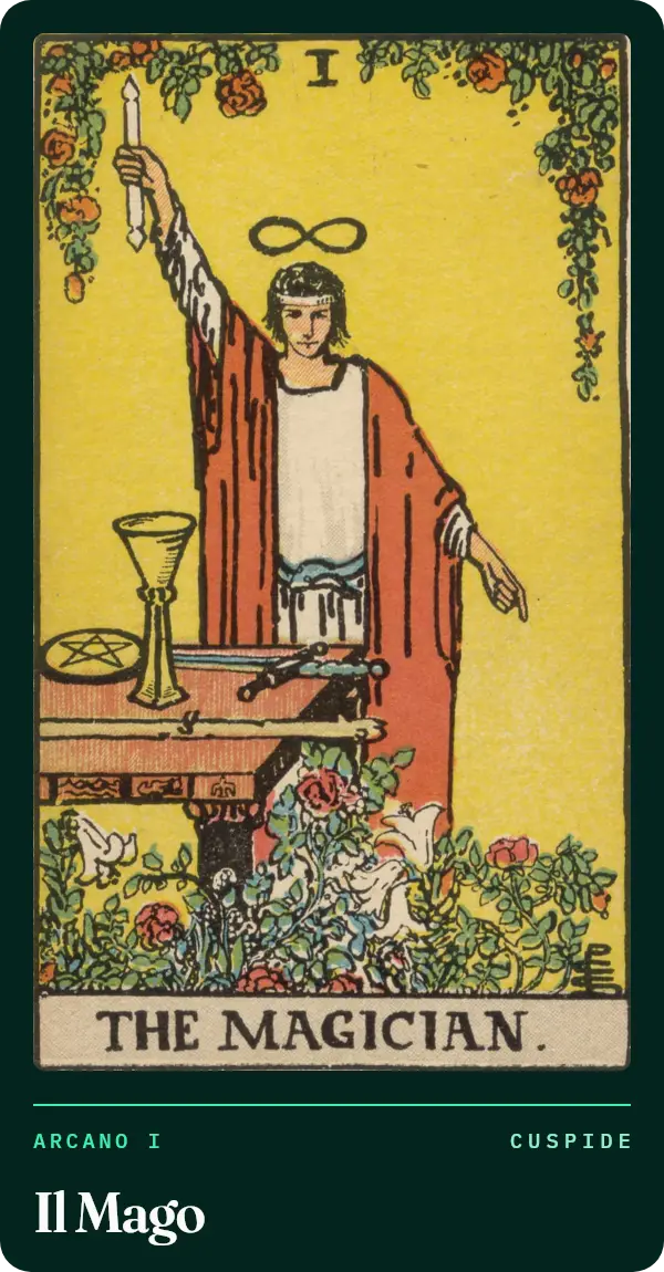 Il Mago, carta dei tarocchi illustrata nel 1909 da Pamela Colman Smith. Una figura in mantello rosso alza una bacchetta verso il cielo e indica la terra; sul tavolo ci sono una coppa, una spada, una moneta e un bastone, e sopra la testa il segno dell'infinito.