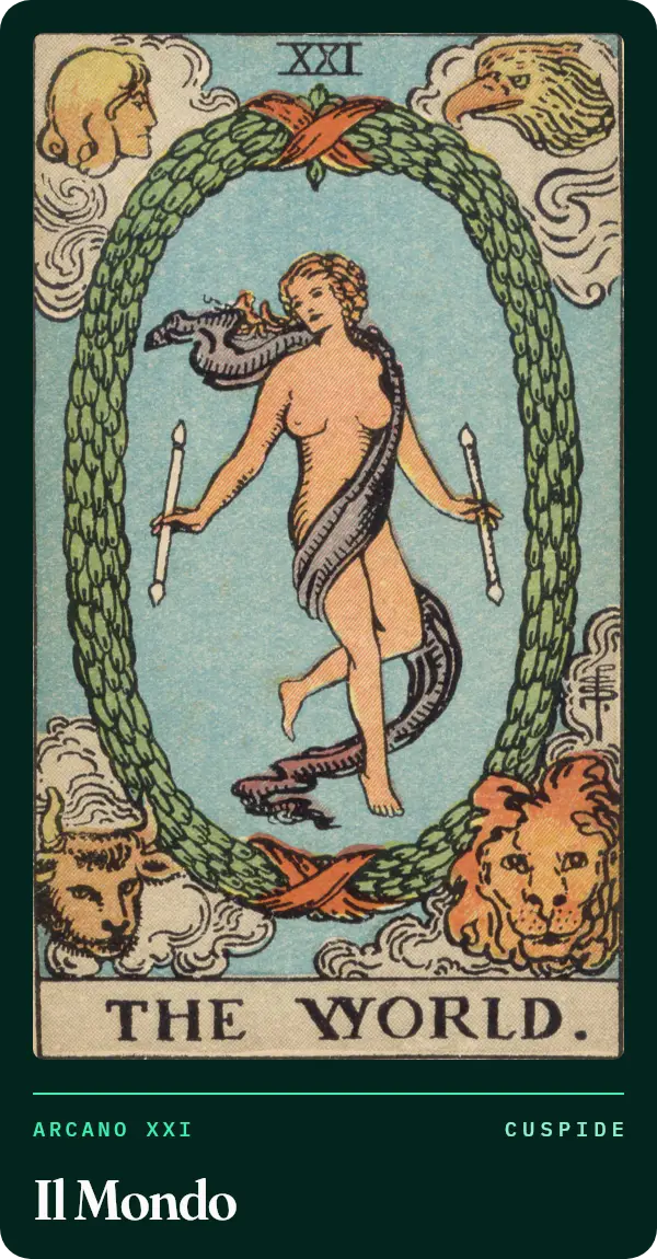 Il Mondo, carta dei tarocchi illustrata nel 1909 da Pamela Colman Smith. Una figura avvolta in un drappo viola danza dentro una ghirlanda di alloro con una bacchetta per mano; negli angoli un angelo, un'aquila, un toro e un leone.