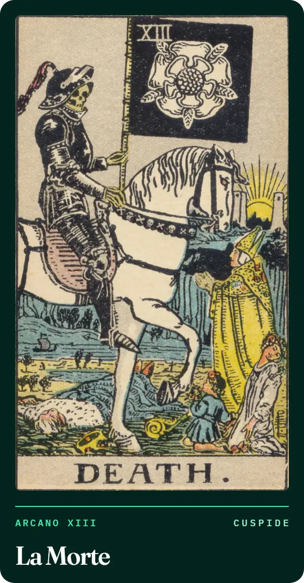 La Morte, carta dei tarocchi illustrata nel 1909 da Pamela Colman Smith. Uno scheletro in armatura nera su un cavallo bianco porta uno stendardo nero con una rosa bianca; sullo sfondo il sole sorge tra due torri.