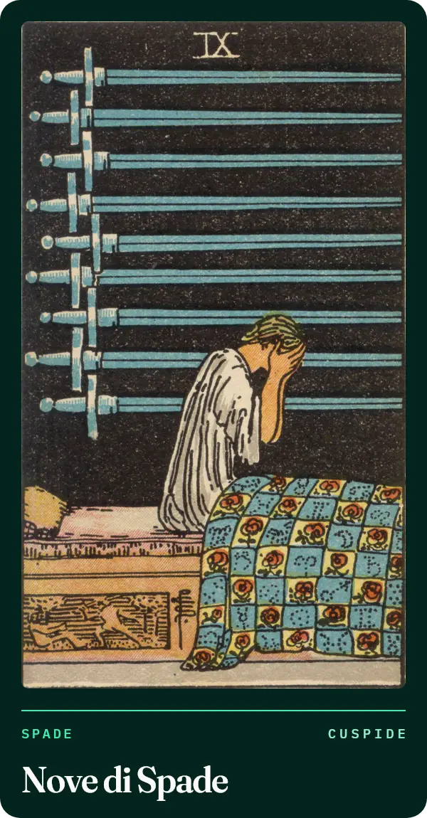 Nove di Spade, carta dei tarocchi illustrata nel 1909 da Pamela Colman Smith. Una figura seduta sul letto al buio con il viso tra le mani; sul muro nero sono appese nove spade, la coperta è decorata con rose e simboli.