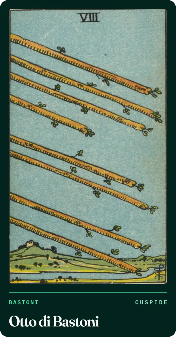 Otto di Bastoni, carta dei tarocchi illustrata nel 1909 da Pamela Colman Smith. Otto bastoni volano in diagonale nel cielo, tutti nella stessa direzione, sopra una campagna con un fiume e una collina.