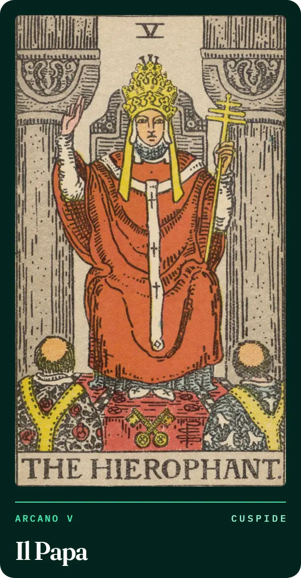 Il Papa, carta dei tarocchi illustrata nel 1909 da Pamela Colman Smith. Una figura con una tripla corona siede tra due colonne e benedice; tiene un bastone con una tripla croce, e ai suoi piedi ci sono due chiavi incrociate e due persone inginocchiate.