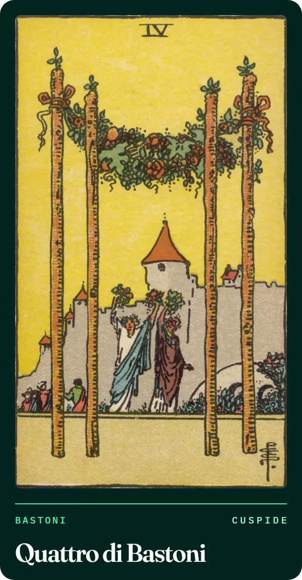 Quattro di Bastoni, carta dei tarocchi illustrata nel 1909 da Pamela Colman Smith. Quattro bastoni uniti da una ghirlanda di fiori e frutti; dietro, due figure alzano mazzi di fiori davanti a un castello.