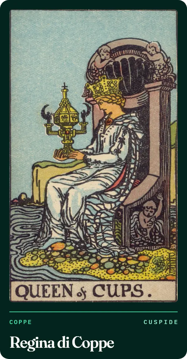 Regina di Coppe, carta dei tarocchi illustrata nel 1909 da Pamela Colman Smith. Una regina siede su un trono in riva al mare e guarda una coppa chiusa e decorata, con due angeli come manici.