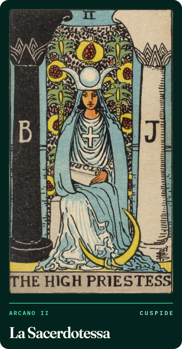 La Sacerdotessa, carta dei tarocchi illustrata nel 1909 da Pamela Colman Smith. Una figura vestita di azzurro siede tra una colonna nera e una bianca, davanti a un velo con melagrane, con un rotolo in grembo e una falce di luna ai piedi.