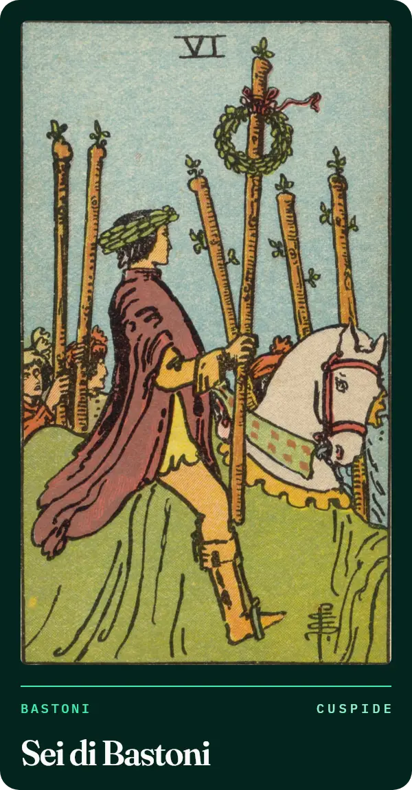 Sei di Bastoni, carta dei tarocchi illustrata nel 1909 da Pamela Colman Smith. Un cavaliere con una corona d'alloro su un cavallo bianco tiene un bastone con un'altra corona in cima; intorno, persone a piedi alzano i loro bastoni.