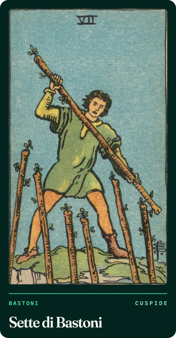 Sette di Bastoni, carta dei tarocchi illustrata nel 1909 da Pamela Colman Smith. Un uomo su un'altura stringe un bastone con due mani, mentre dal basso salgono sei bastoni contro di lui.