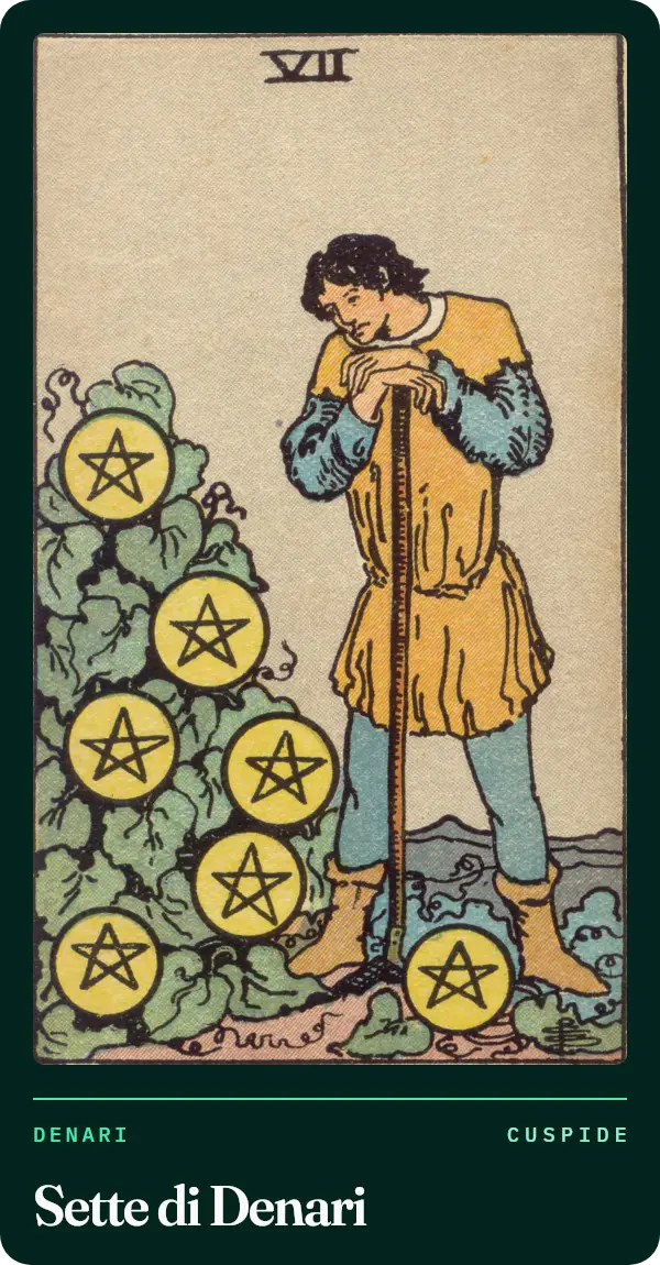 Sette di Denari, carta dei tarocchi illustrata nel 1909 da Pamela Colman Smith. Un contadino appoggiato a una zappa guarda una pianta su cui sono cresciute sette monete; un'altra moneta è ai suoi piedi.
