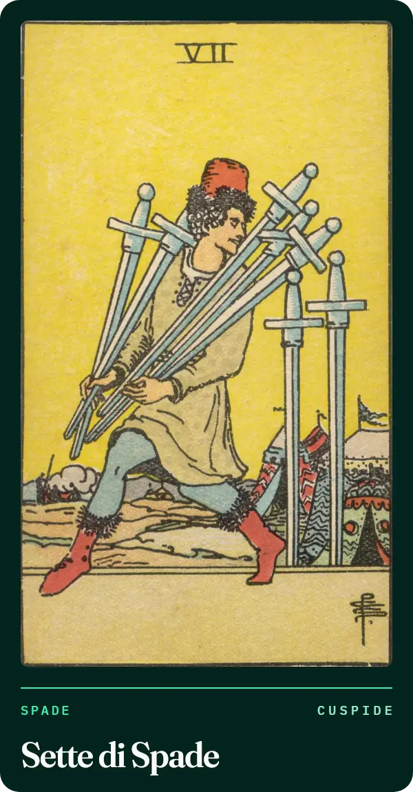 Sette di Spade, carta dei tarocchi illustrata nel 1909 da Pamela Colman Smith. Una figura si allontana in punta di piedi da un accampamento portando cinque spade e guarda indietro; altre due spade restano piantate a terra.