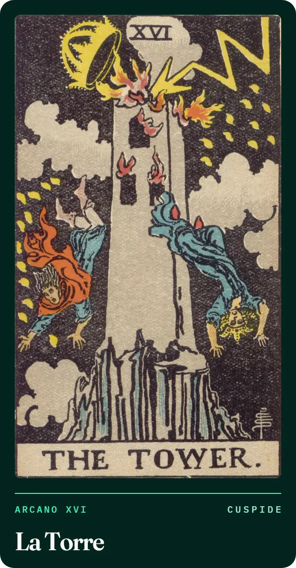 La Torre, carta dei tarocchi illustrata nel 1909 da Pamela Colman Smith. Una torre su una roccia colpita da un fulmine: la corona in cima salta via, dalle finestre escono fiamme e due figure precipitano nel cielo nero.