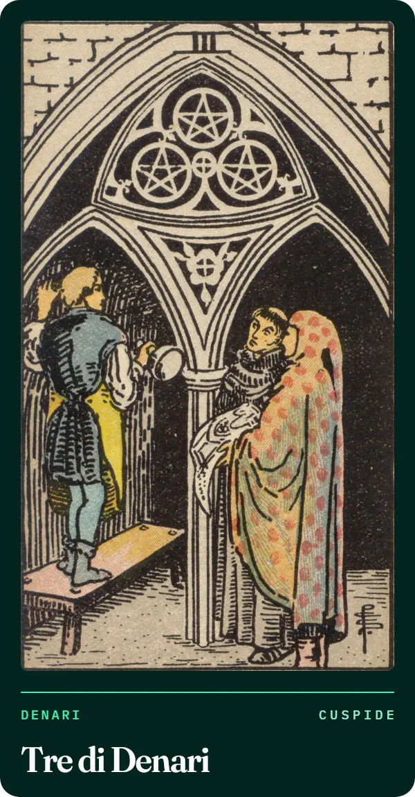 Tre di Denari, carta dei tarocchi illustrata nel 1909 da Pamela Colman Smith. Un artigiano lavora su una panca sotto l'arco di una chiesa in costruzione, mentre un monaco e una persona con un progetto lo guardano; tre monete sono scolpite nell'arco.
